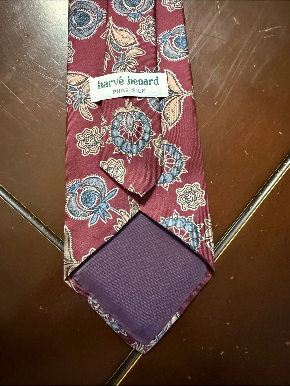 Harve Benard Burgundy Tie with Blue and Cream Floral Motif